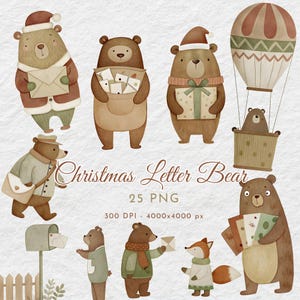 Paquete de imágenes prediseñadas de oso navideño con letras / Lindas ilustraciones de osos navideños / Osos festivos escribiendo cartas a Papá Noel, regalos y decoración de invierno