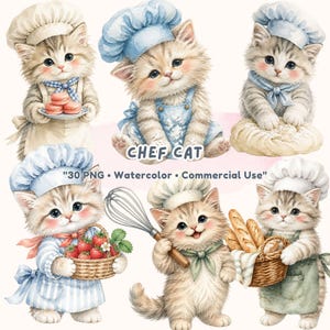 Könnte beinhalten: Aquarellillustrationen von entzückenden Kätzchen als Köche. Jedes Kätzchen trägt eine Kochmütze und Schürze und hält Gegenstände wie Makronen, Erdbeeren, einen Schneebesen und Brot. Der Text "CHEF CAT" und "30 PNG • Watercolor • Commercial Use" sind ebenfalls zu sehen.