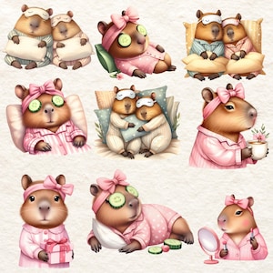 May include: A set of nine illustrations featuring capybaras in various poses, wearing pajamas and eye masks. Some capybaras are holding pillows, cups, and makeup mirrors. The illustrations are in a cartoon style with soft colors and a whimsical feel.