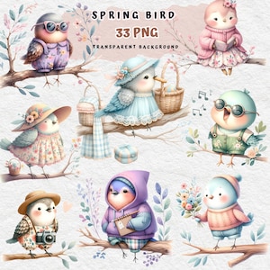 pássaros de primavera, imagens de pássaros de primavera, gráficos de passarinhos encantadores, clipart de pássaros de jardim de primavera, pássaros de chapéu floral em aquarela, clipart de pássaros fofos
