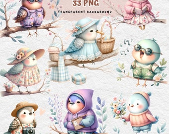 May include: A set of 33 digital illustrations of cute cartoon birds with various expressions and accessories. The birds are depicted on branches with flowers and leaves. The illustrations have a transparent background.