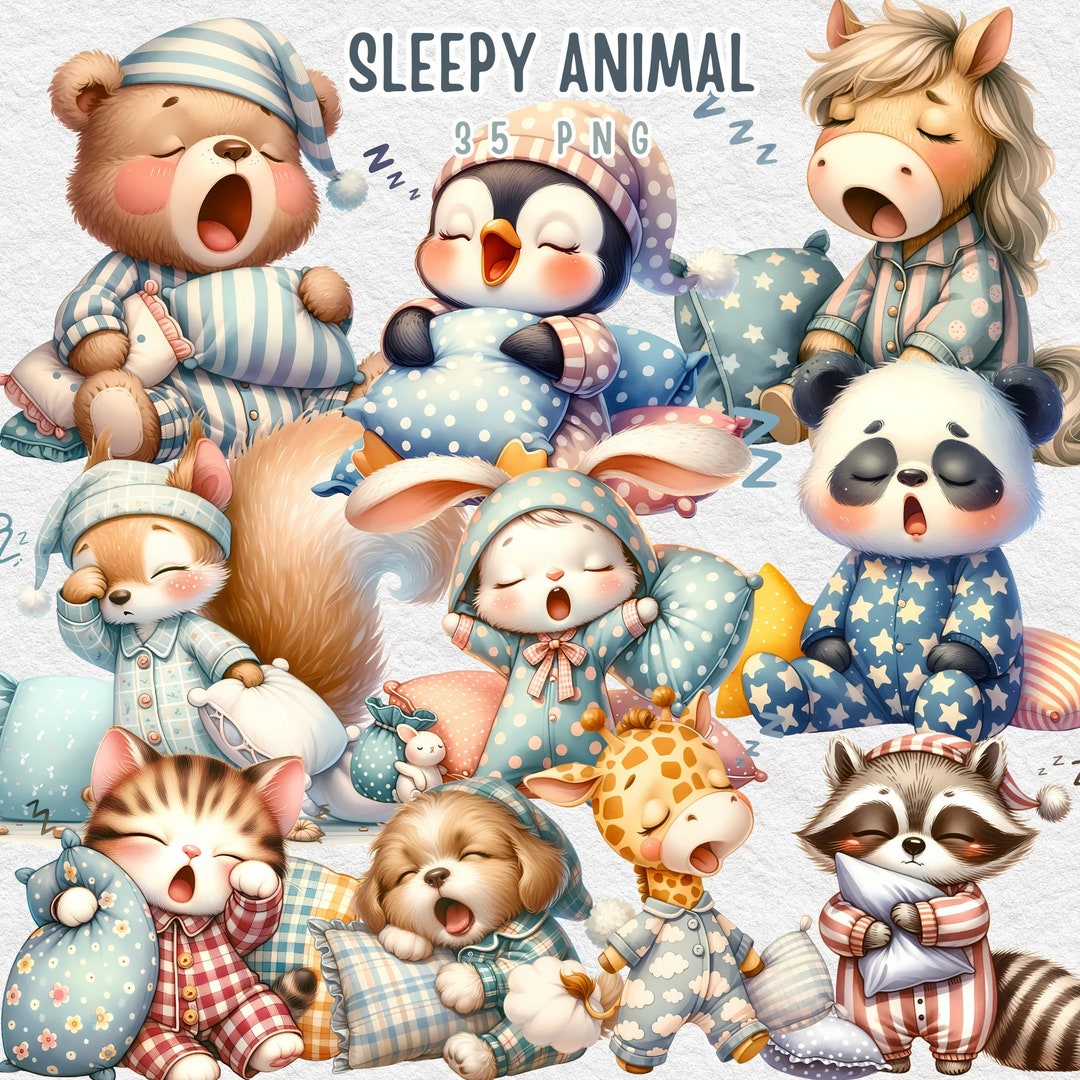 Sleepy Animals Clipart, Nursery Pajama Animals PNG (digital Download ...