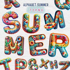 Könnte beinhalten: Buntfarbene Buchstaben des Alphabets, die mit Sommermotiven wie Blumen, Ananas und Strandbällen verziert sind. Die Buchstaben sind im 3D-Stil gehalten und scheinen aus aufblasbaren Pool-Schwimmringen zu bestehen. Der Text "ALPHABET SUMMER 72 PNG" befindet sich oben im Bild.