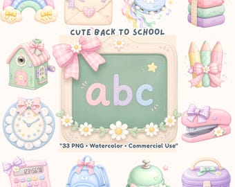 May include: A collection of pastel-colored school-themed illustrations including a rainbow, envelope, tambourine, books, pencil sharpener, chalkboard with 'abc', pencils, stapler, clock, calculator, backpack, bell, and lunchbox, with text 'CUTE BACK TO SCHOOL'.