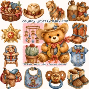 Puede incluir: Una colección de ilustraciones en acuarela con temática de vaquero western para bebé niño, que incluye ositos de peluche con sombreros, una insignia de sheriff, un cactus, un babero, un chupete, botas, una silla de montar, una trona y un body con texto.