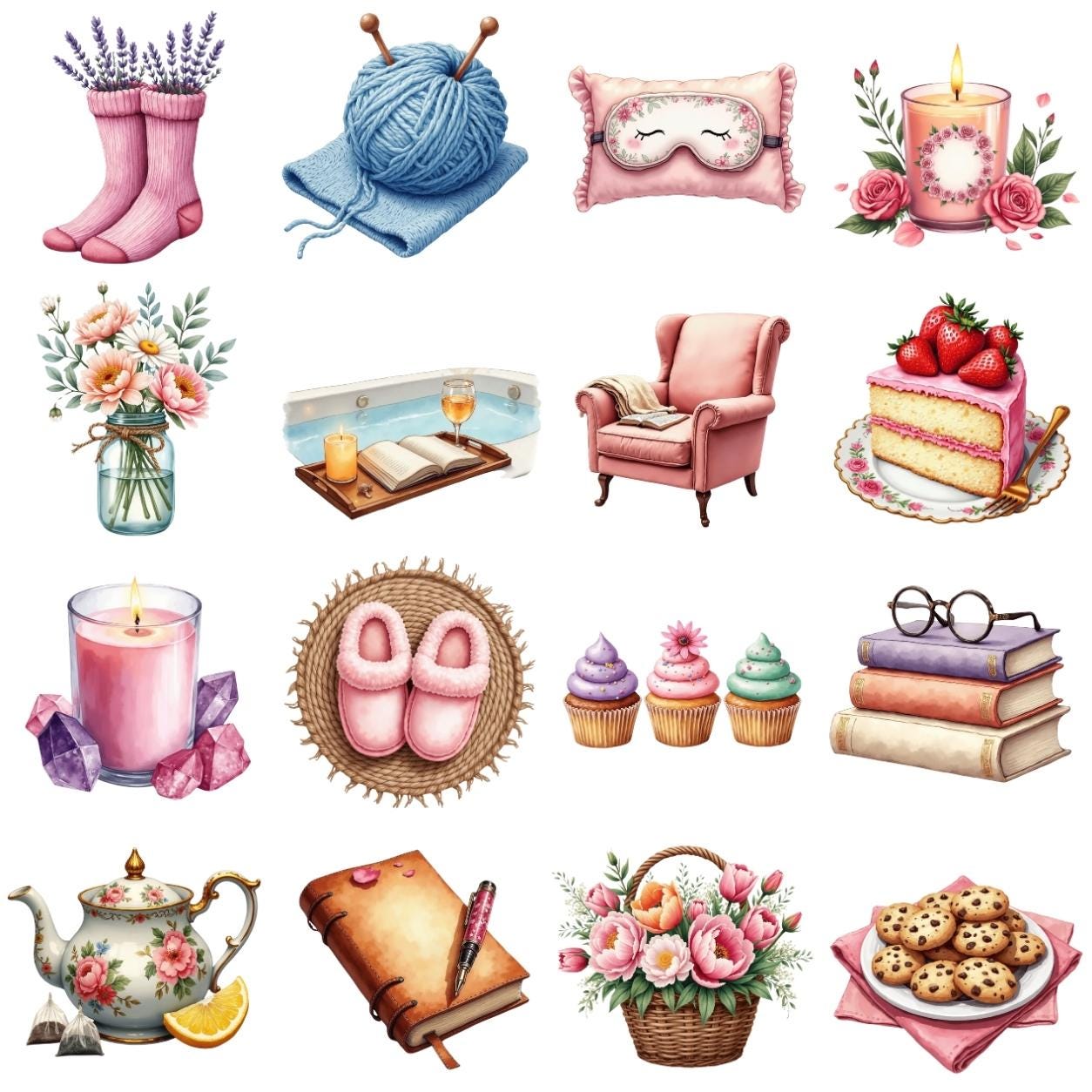 Cozy Self Care Clipart Bundle PNG | Cottagecore Watercolor Clipart, Tea ...