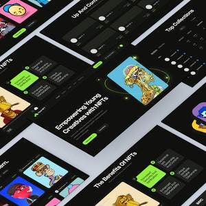 May include: A website homepage with a black background and colorful illustrations of cartoon characters. The text "Empowering Young Creatives with NFTs" is displayed in white text on a green background. The text "The Benefits Of NFTs" is also displayed in white text on a green background.