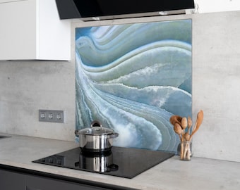 Blue Marble Tempered Glass Stove Backsplash Kitchen Tile Panels Abstraction Pattern