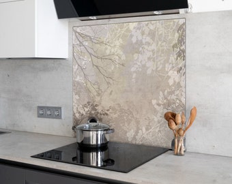 Beige Tree Pattern Glass Panel - Sophisticated Kitchen Decor - Hardened Backsplash - Elegant Design