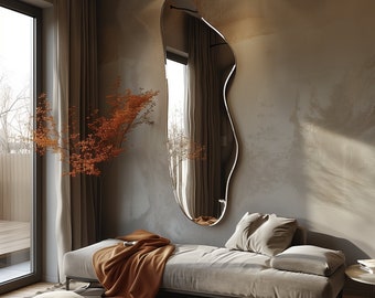 Miroir mural de forme organique – Design unique à bords ondulés, esthétique moderne pour les couloirs et les espaces de vie, décoration inspirée de la nature