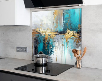 Panneau luxueux en verre trempé en marbre doré – Dosseret de poêle élégant pour cuisines modernes, décoration de cuisine durable et élégante.
