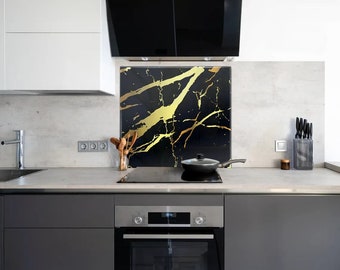 Premium Black Marble Glass Stove Backsplash - Tempered Kitchen Tile Landscape Glasswork