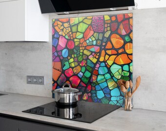 Kaleidoscope Stained Glass Kitchen Panel, Vibrant Mosaic Backsplash, Artistic Colorful Glass Wall Art, Eclectic Home Decor