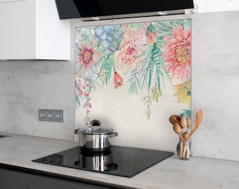Tempered Glass Stove Backsplash - Flowers Kitchen Tile - Glasswork Back Cover