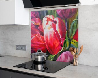 Panel de vidrio con diseño de tulipán rojo elegante, arte duradero contra salpicaduras de cocina floral para decoración del hogar y la oficina