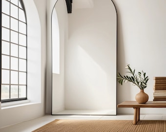 Espejo de piso con parte superior en arco: espejo inclinado grande de cuerpo entero, estilo minimalista moderno, pieza llamativa para dormitorio o pasillo