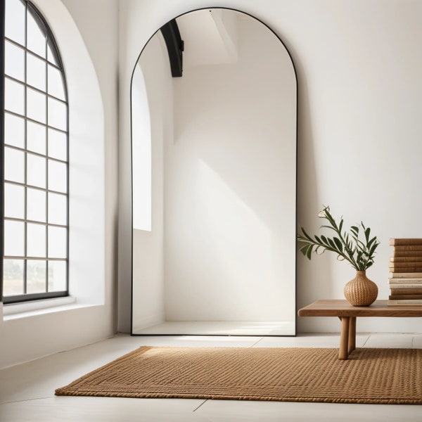 Miroir de sol en arc – Grand miroir penché sur toute la longueur, style minimaliste moderne, pièce tendance pour chambre à coucher ou couloir