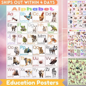 Póster educativo para niños, impresión de animales de granja, póster de pared con alfabeto, póster de números para niños, para educación en el hogar, guardería, aula, gráfico, decoración de pared