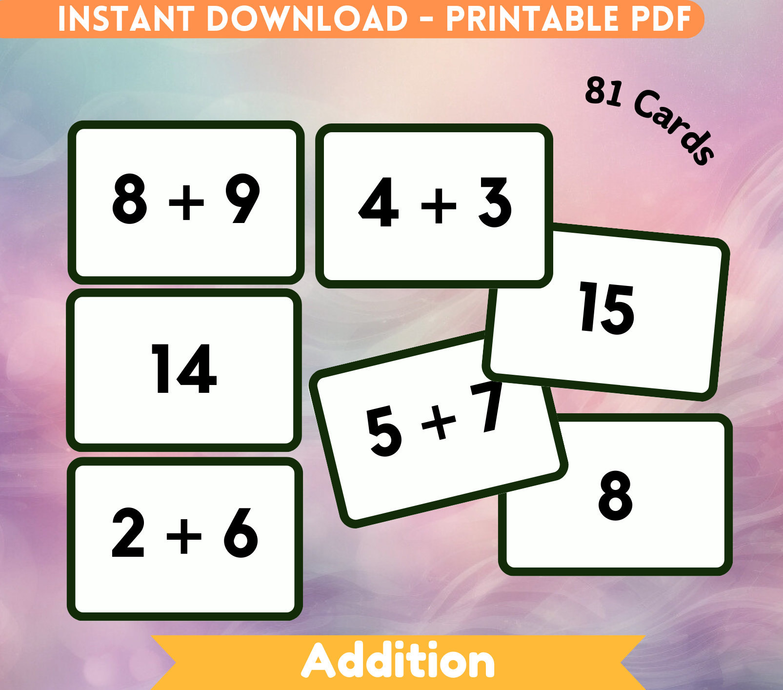 Addition Flash Card Printable Homeschool Flashcard Montessori Toddler ...