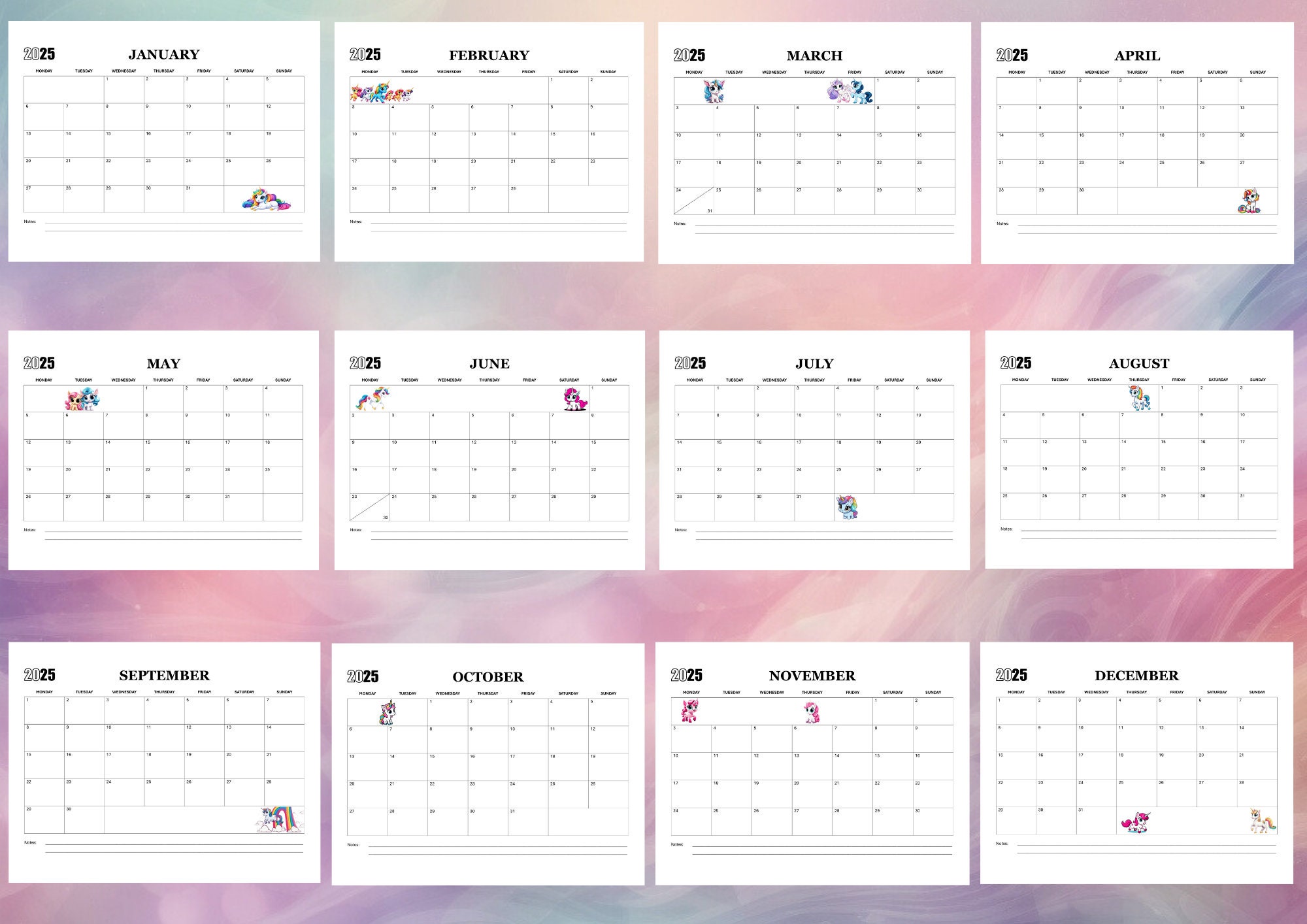 2025 Monthly Calendar Printable Children Unicorn Monthly Planner 2025 ...