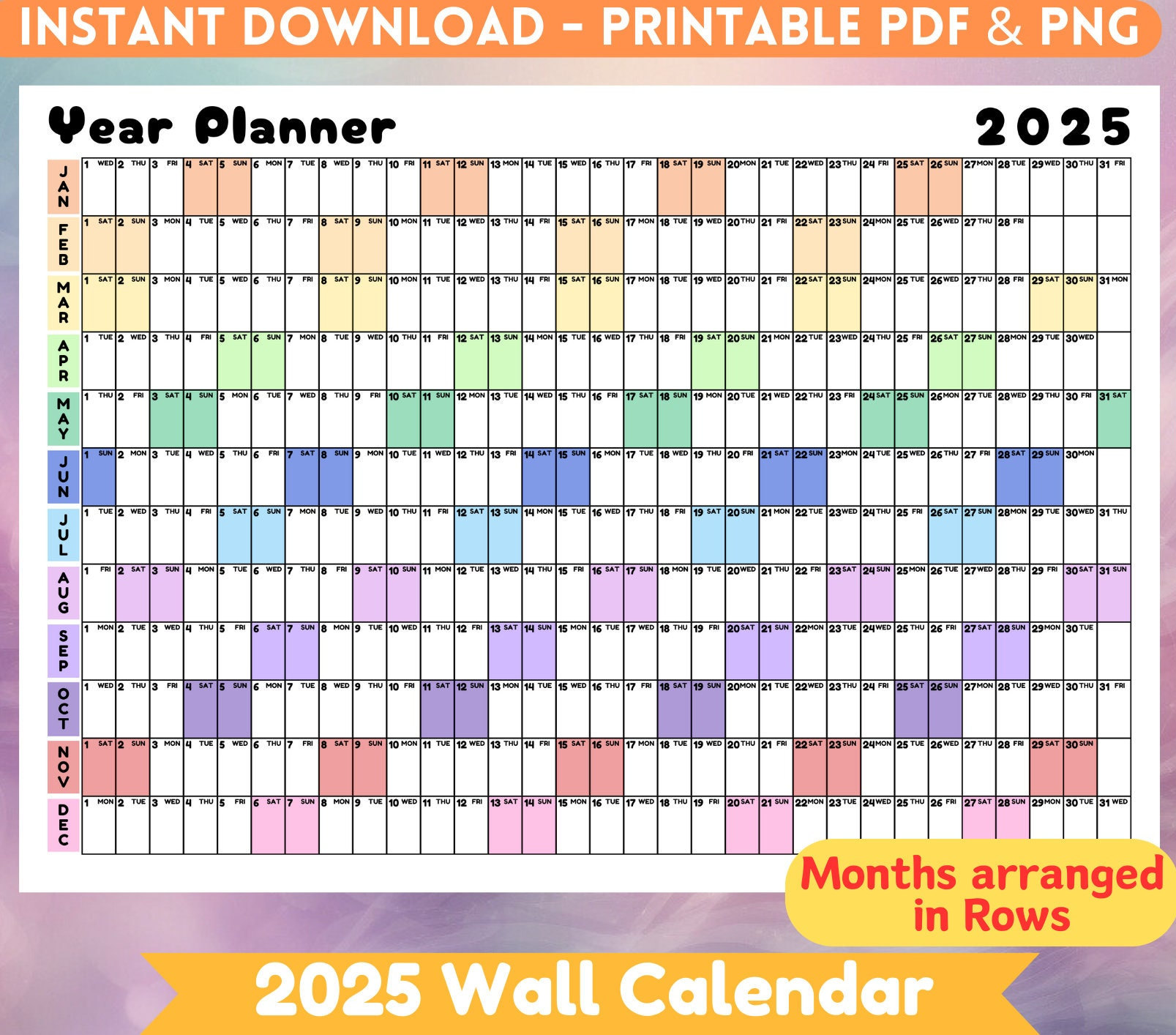 2025 Giant Wall Planner Printable 2025 Full Year Wall Calendar Rainbow Colour Annual Planner