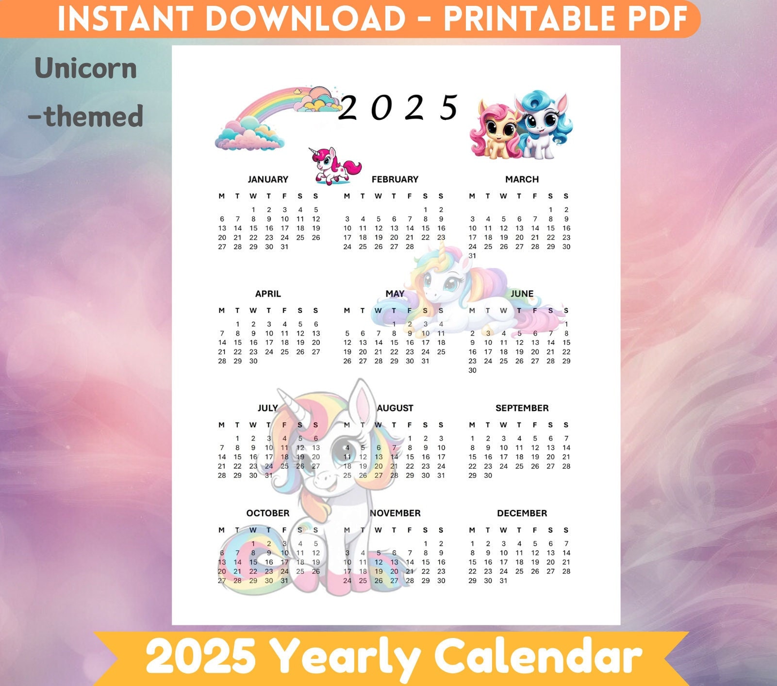 Year 2025 Annual Calendar Printable Unicorn Yearly Planner 2025 Calendar Wall Planner Homeschool Planner School Planner Children Calendar - Etsy