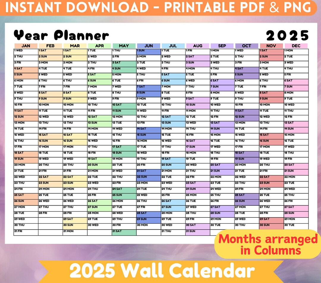 Giant 2025 Wall Planner Printable 2025 Calendar Full Year Wall Calendar Rainbow Annual Planner