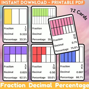 May include: A set of 72 printable fraction, decimal, and percentage cards. Each card features a visual representation of a fraction, with the corresponding decimal and percentage values listed below. The cards are designed to help students learn about equivalent fractions, decimals, and percentages.