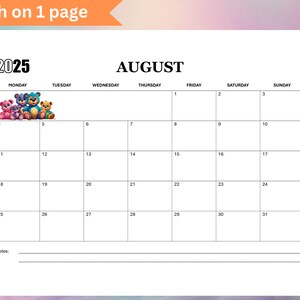 2025 Monthly Calendar Printable Teddy Monthly Planner 2025 Fillable ...