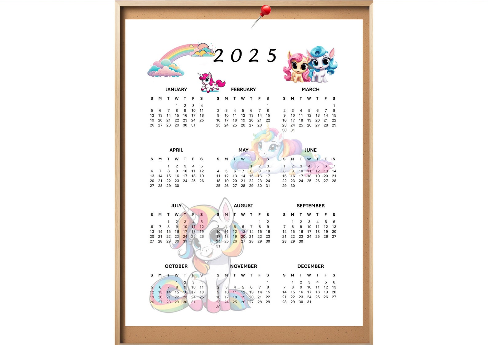 Year 2025 Annual Calendar Printable Unicorn Yearly Planner 2025 ...