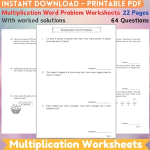 May include: A black and white worksheet with the title "Multiplication Word Problems" and several word problems for students to solve. The worksheet is part of a set of 22 pages with 64 questions.