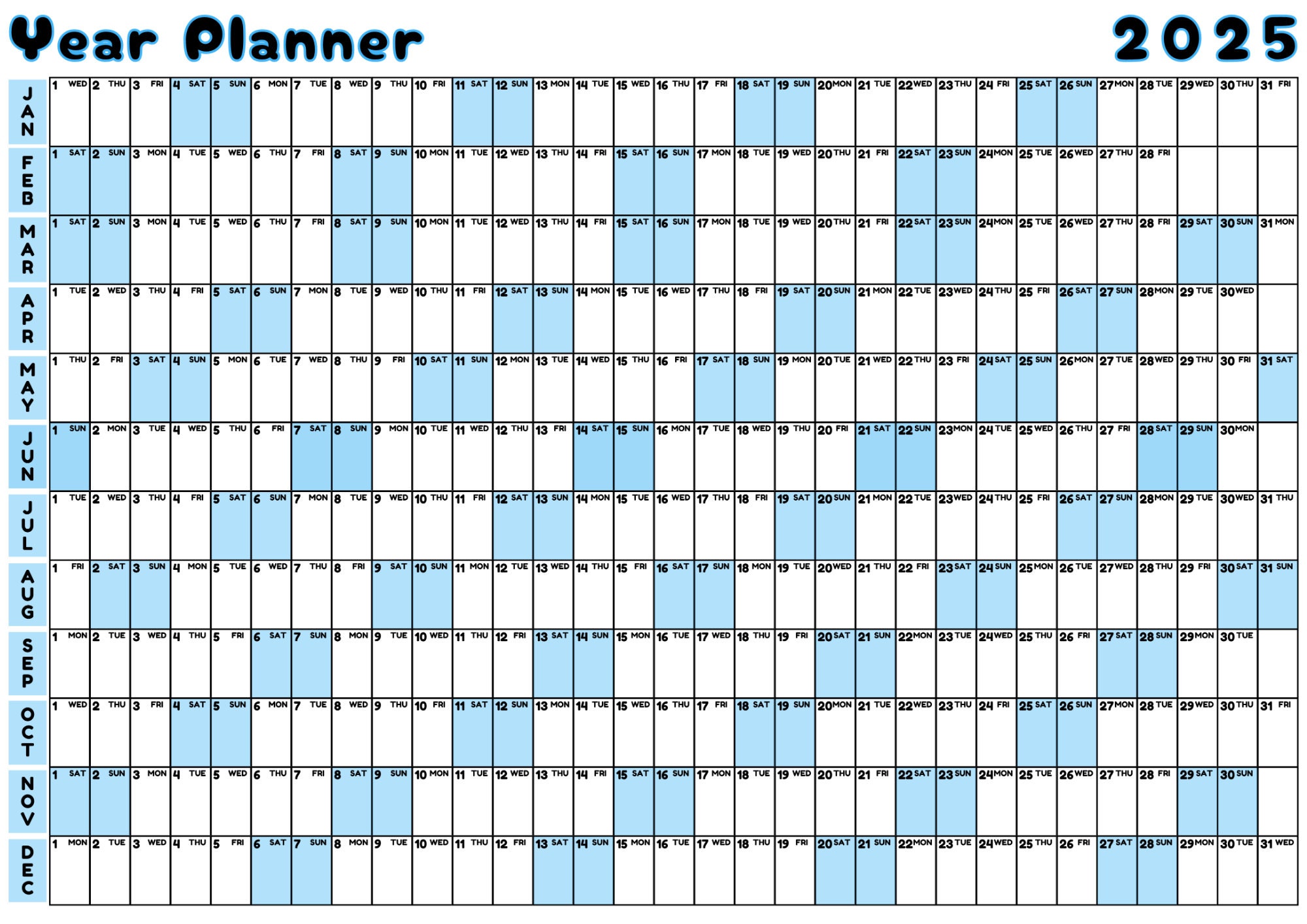 Giant 2025 Annual Wall Planner Printable 2025 Full Year Wall Calendar ...