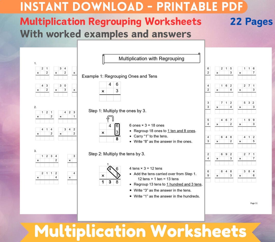 Printable Multiplication With Regrouping Practice Tutorial Worksheets Multiplying Revision