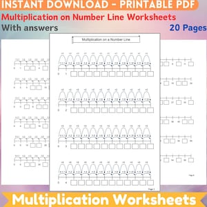 Può includere: Fogli di lavoro di moltiplicazione stampabili in bianco e nero con risposte. I fogli di lavoro presentano linee numeriche con salti per illustrare i fatti di moltiplicazione. Il titolo del foglio di lavoro è "Moltiplicazione su una linea numerica".