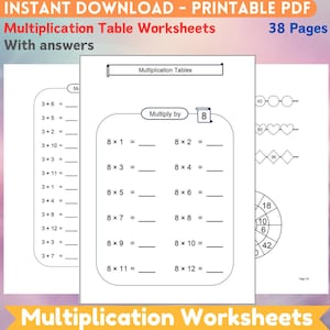 Può includere: Un foglio di lavoro stampabile in bianco e nero per imparare le tabelline. Il foglio di lavoro presenta una tabella con problemi di moltiplicazione per il numero 8, con spazio per le risposte. Il foglio di lavoro include anche un titolo "Tabelle di moltiplicazione" e il testo "Moltiplicare per 8".
