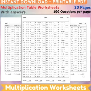 Può includere: Un foglio di lavoro stampabile in bianco e nero con problemi di moltiplicazione per gli studenti. Il foglio di lavoro è intitolato "Multiplication Table Worksheets" e ha un punteggio di 100. Il foglio di lavoro è diviso in sezioni con diversi problemi di moltiplicazione. Il foglio di lavoro è progettato per aiutare gli studenti a imparare e praticare le loro tabelline.