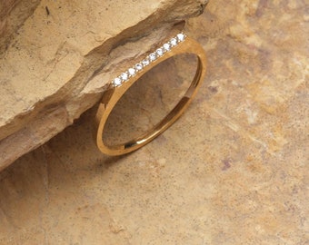 14K Solid Gold Bar Ring: Minimalist Stacking Ring with Zircon
