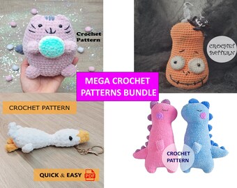 MEGA Crochet Pattern Bundle - 45% OFF: Mini Goose Keychain, Halloween Pumpkin, Fat Cat, Sleepy Dino - Plush Amigurumi Bestsellers, Low Sew