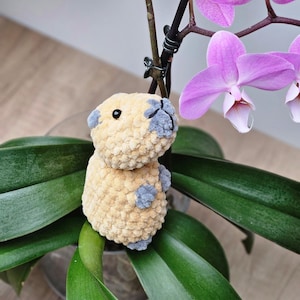 May include: A crocheted stuffed animal resembling a capybara, with a light brown body, gray ears and nose, and black eyes. The animal is sitting on a green plant.