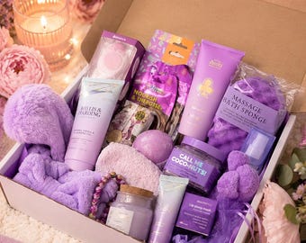 Spa Gift for Her, Deluxe Self Care Gift Box, Purple Pamper Hamper, Relaxation & Wellness Set