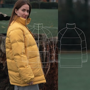 May include: A yellow puffer jacket with a zip fastening and a large pocket on the front. The jacket has a high collar and a quilted design.