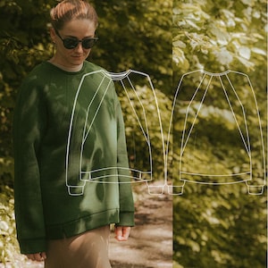 Op de afbeelding: Een groen sweatshirt met een uniek geometrisch ontwerp. Het sweatshirt heeft lange mouwen en een ronde hals.