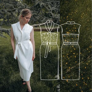 Könnte beinhalten: Ein weißes ärmelloses Kleid mit Kragen und einem Bindegürtel. Das Kleid hat ein Blumenmuster auf dem Oberteil. Das Kleid wird auf einem Model gezeigt, das auf einer grasbewachsenen Wiese steht.