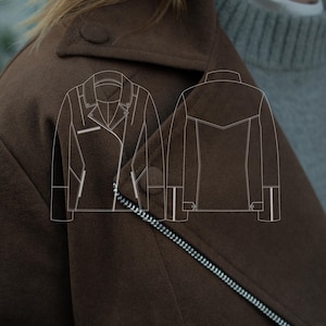 May include: A close-up of a brown jacket with a silver zip and button fastening. The jacket features a collar and a design sketch overlay. The jacket is made of a soft, textured material.