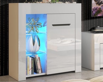 Furneo Matt & High Gloss White Cabinet Cupboard Sideboard Unit Milano 10 LED Lights