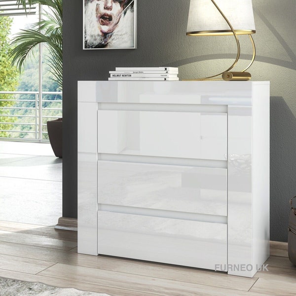 Furneo Modern White 3 Drawer Chest of Drawers Cabinet Storage Matt & High Gloss Clifton15