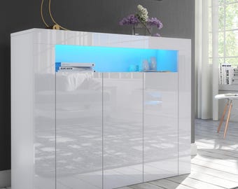 Furneo Matt & High Gloss White Cabinet Cupboard Sideboard Unit Clifton 04 LED Lights