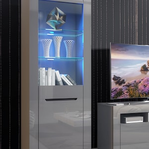 Furneo High Gloss & Matt Grey Display Cabinet Cupboard Milano 09G LED Lights