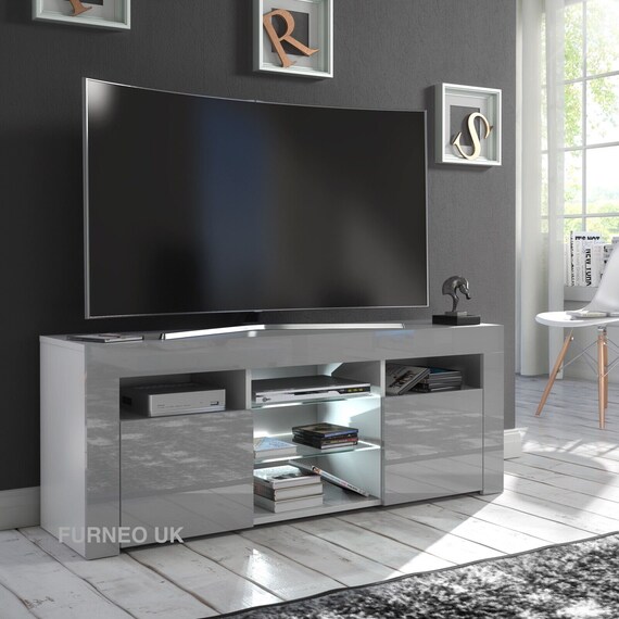 Furneo Grey TV Stand 120cm Unit Cabinet Matt High Gloss Puzzo G LED Lights Etsy