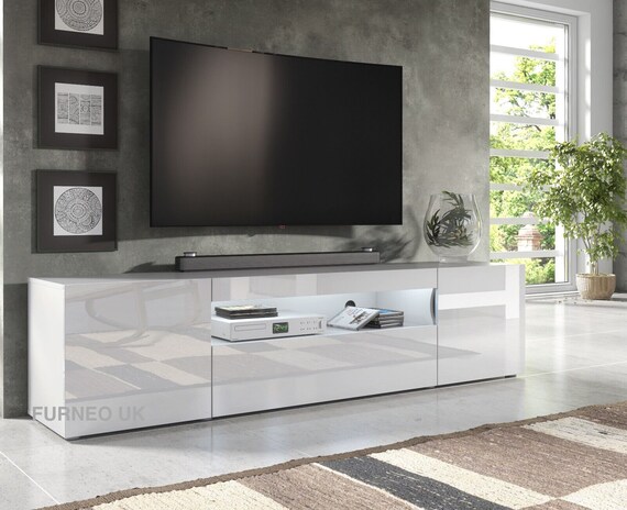 Furneo 200cm Long TV Stand Unit Cabinet Matt High Gloss White Clifton 08 LED Lights Etsy